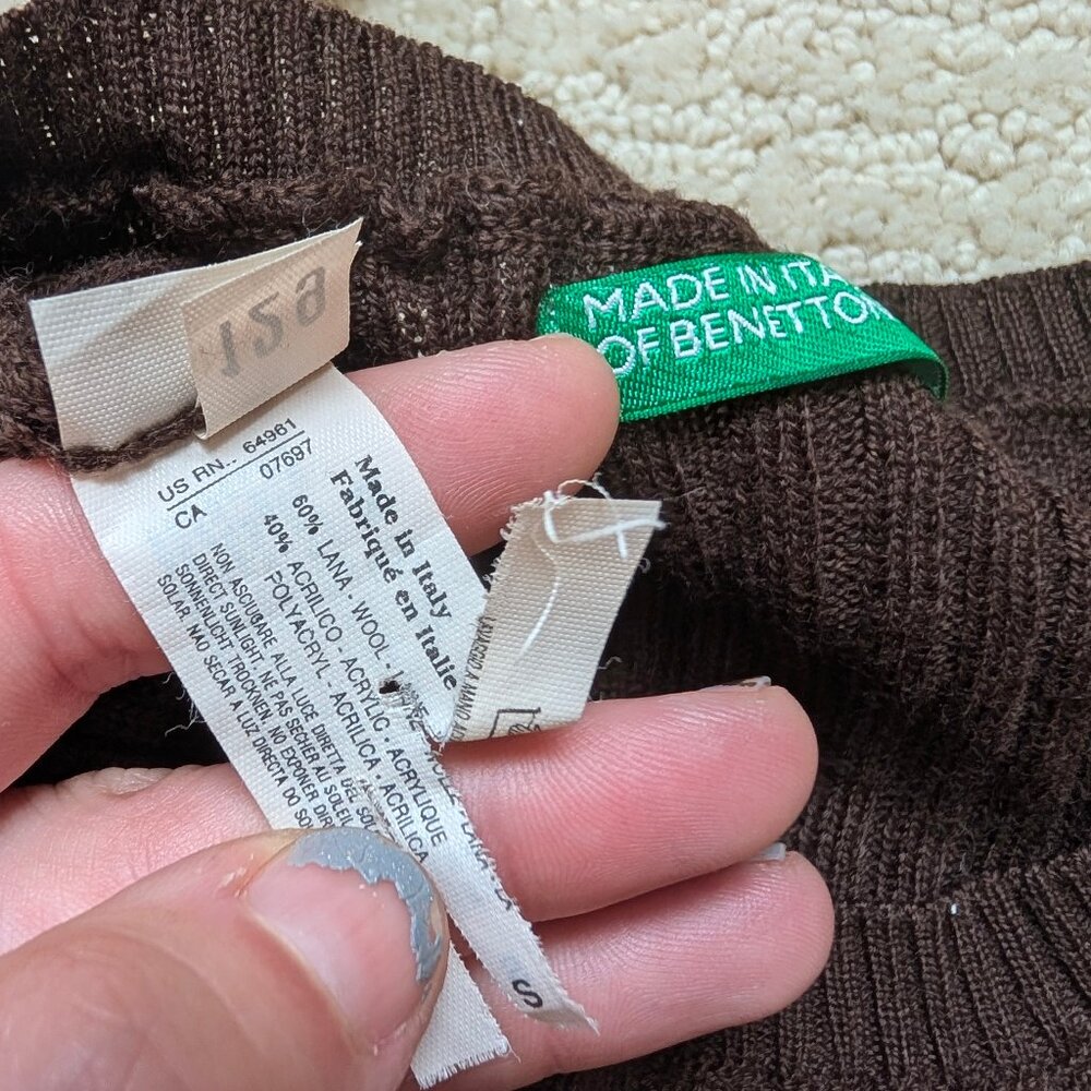 EUC United Colors of Benetton Italian Wool Blend Thin Sweater Small Dark Brown - Picture 4 of 7